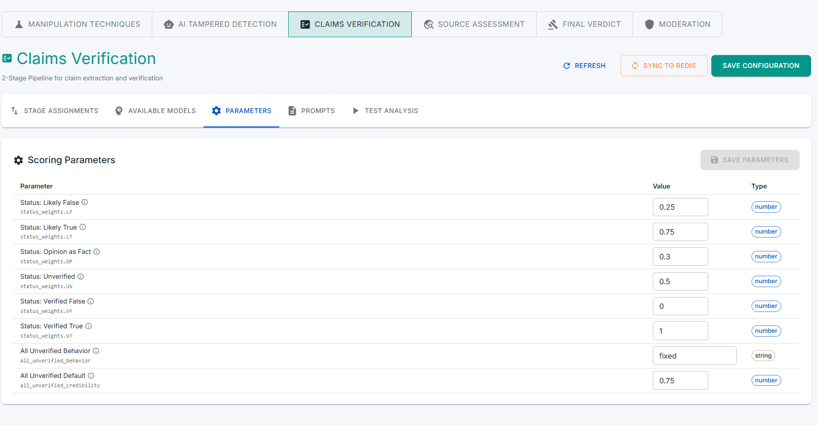 Parametrii componentei Claims