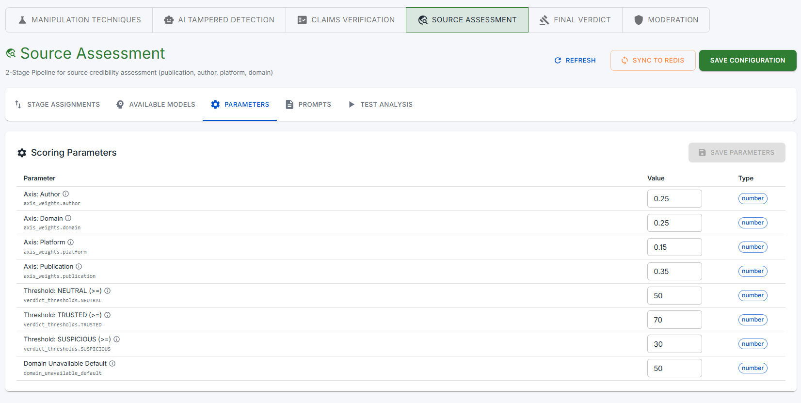 Parametrii componentei Source Assessment
